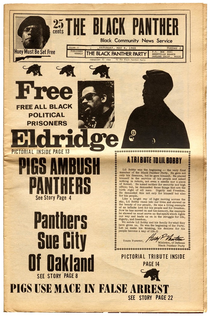 Douglas typically kept font styles to a minimum, but this Black Panther cover explodes with , , , Clarendon, , and . The tribute to Bobby Hutton is set on an IBM typewriter using .