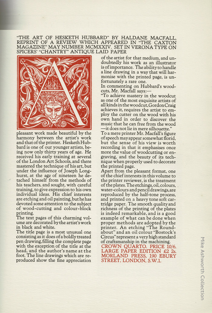 Broadsheet advert for The Art of Hesketh Hubbard by Haldane Macfall