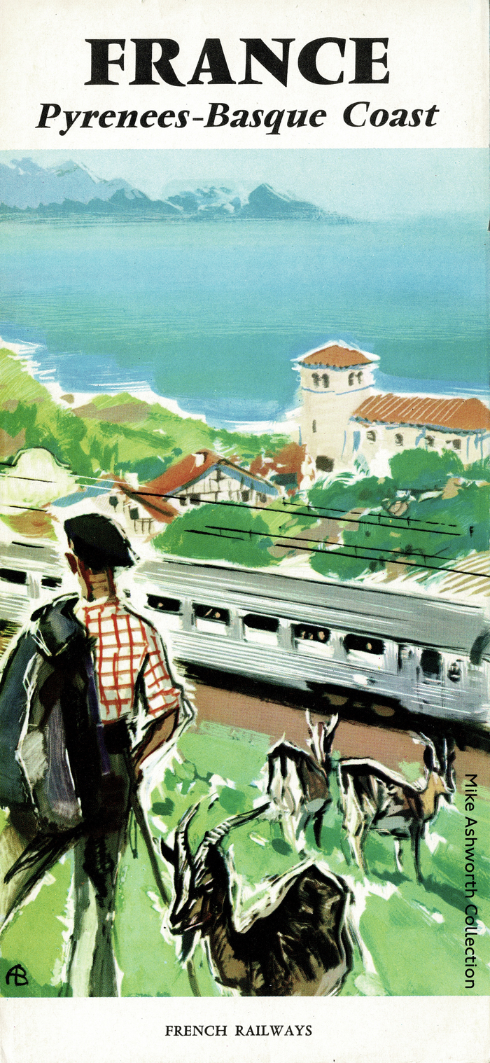 Another brochure from the same series, with the same typographic setup. The cover is a very fine and striking image of one of the operator's trains on the French Basque Coast.
