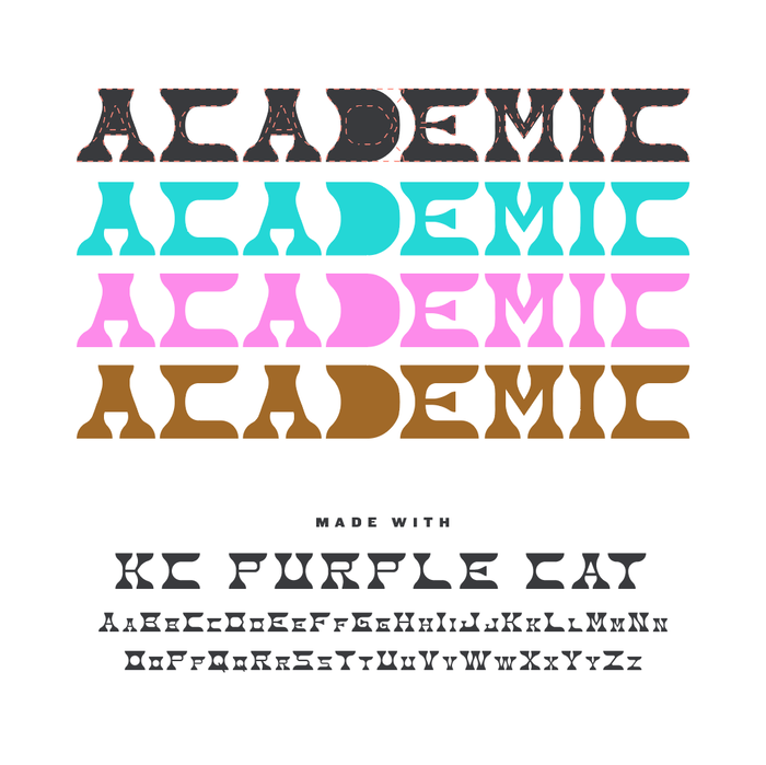 Wordmark and color palette. The dashed contour shows the unmodified glyphs in KC Purple Cat.