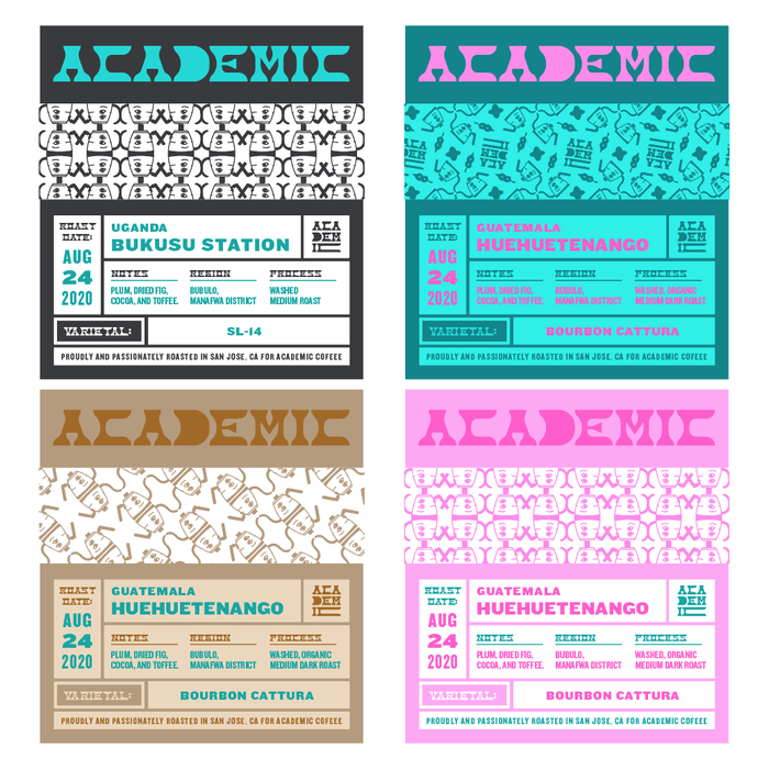 Coffee bag labels. Text is set in various styles from the  family by .