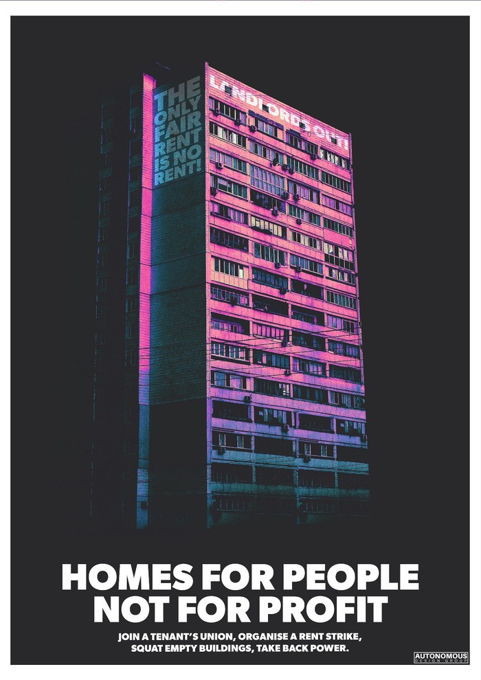 “Homes for people not profit”, set in all caps .