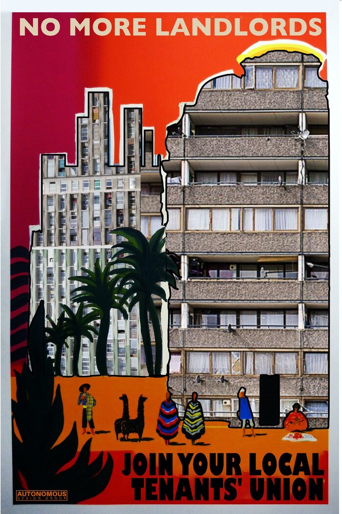 Poster for Sacramento Tenants’ Union. Collage from 1950s Air France posters.  on top, stretch  for the bottom lines.