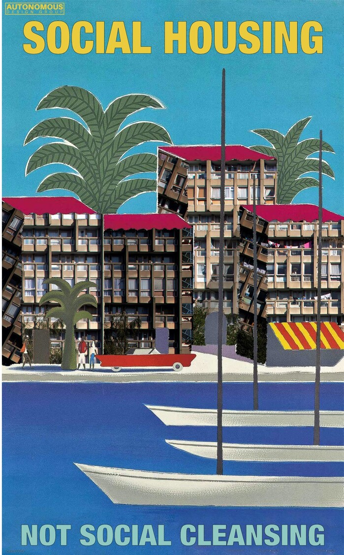 Social Housing, with a collage based on 1950s Air France posters, with text set in .