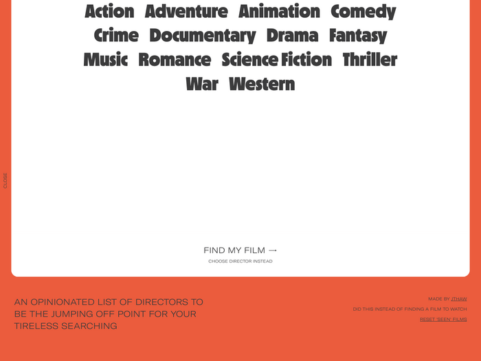 On hitting the credits button, the page content scrolls up, framed in a 1970s-style orange field with rounded corners, revealing a brief explanation about the website.