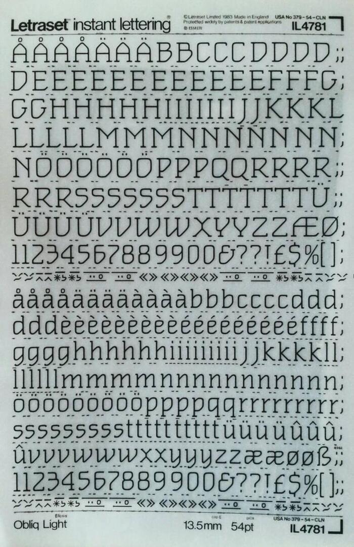 Letraset instant lettering sheet for Obliq Light, 54pt (IL4781). The glyph set includes alternates for B and Y.