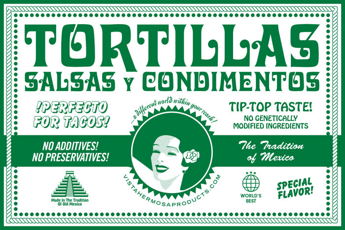 Davida with  (“¡Perfecto for tacos!”), solid  (“Special Flavor!”),  (“Tip-top taste!”), and  (“… a different world within your reach!”).