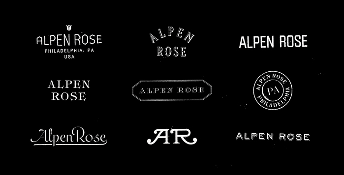 Alpen Rose logo variations, partially hand-lettered, partly type. In the top row, the first logo is based on ; the second one is a modified version of  Condensed, outlined with a thin dropshadow; and the third variant uses  4 34-Regular B. The middle row variations use , , and . The bottom row has a script and a monogram that both are custom drawn, while the last logo is set in  with a manually added dropshadow.