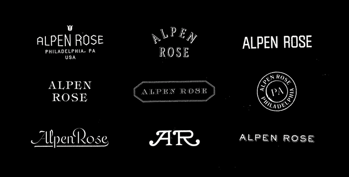 Alpen Rose logo variations, partially hand-lettered, partly type. In the top row, the first logo is based on ; the second one is a modified version of  Condensed, outlined with a thin dropshadow; and the third variant uses  4 34-Regular B. The middle row variations use , , and . The bottom row has a script and a monogram that both are custom drawn, while the last logo is set in  with a manually added dropshadow.