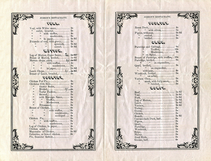 Judson&rsquo;s Restaurant 1853 &agrave; la carte menu 2