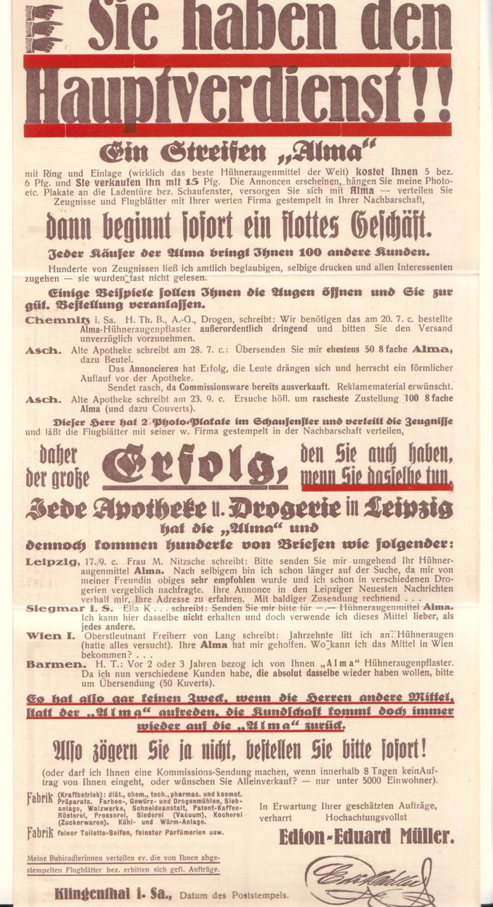 “Sie haben den Hauptverdienst!!” ad by Edion-Eduard Müller 1
