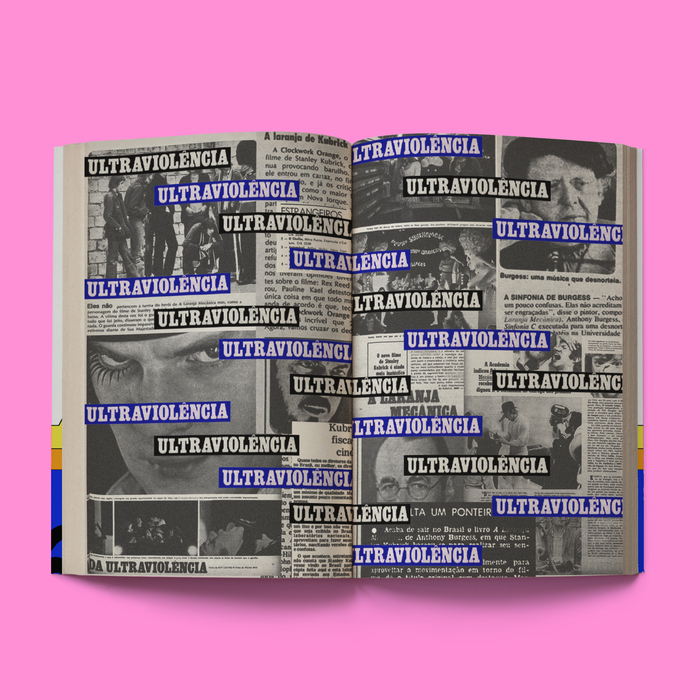 Collage of old Brazilian newspaper clippings announcing that A Clockwork Orange would be censored in Brazil by the military dictatorship in the 70s. The word &ldquo;Ultraviol&eacute;ncia&rdquo; from one of the headlines (set in caps from  or similar) is repeated multiple times.