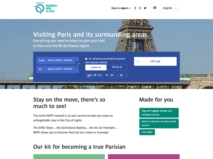 RATP website, using Parisine and the same color scheme as used for the RATP signage.