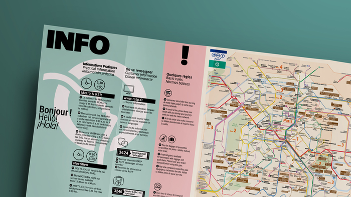 Trilingual tourist map (2017) with info in French, English, and Spanish, designed by Be Dandy using Parisine’s narrow and compressed widths.