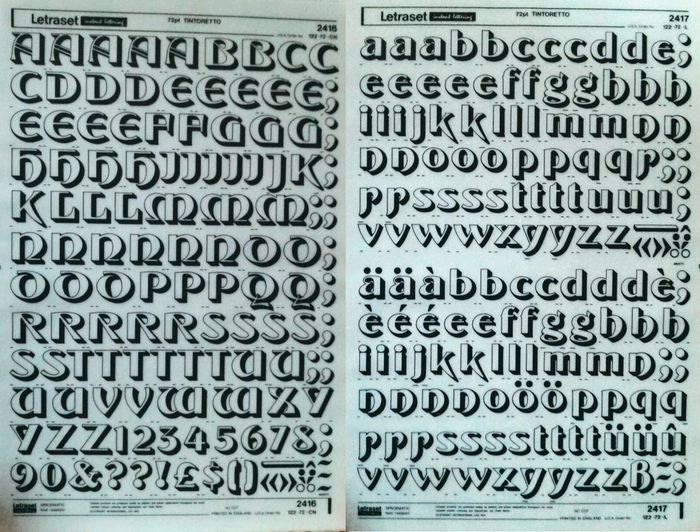 Letraset sheets for 72pt Tintoretto, in uppercase and numerals (2416) as well as lowercase letters (2417).