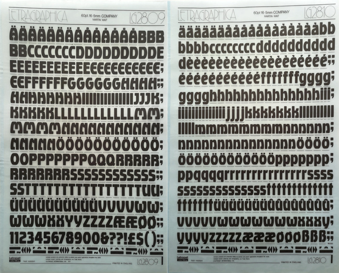 Letragraphica sheets for 60pt Company, in uppercase and numerals (LG2809) including the alternates for E H Y, as well as lowercase letters (LG2810).