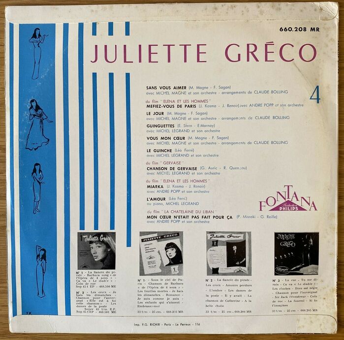 Juliette Gr&eacute;co &ndash; 4&egrave;me S&eacute;rie (1956), back cover. The name is in caps from . The track list is set in , or Europe, as it was known in France.