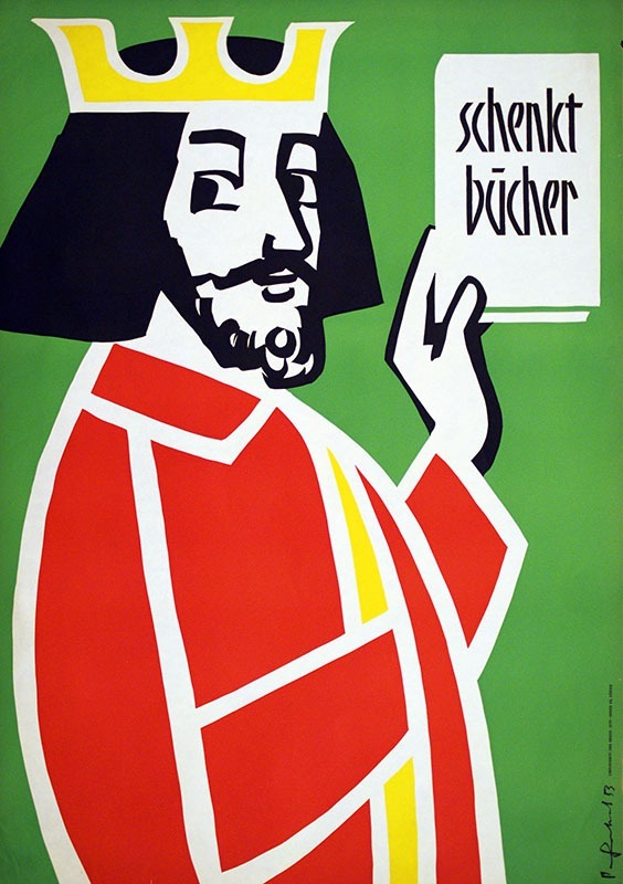 Poster design by Pierre Gauchat for the SBVV (Swiss Booksellers and Publishers Association) from 1953, titled Schenkt Bücher (“Give books”). This appears to be the poster mentioned by Haab.
