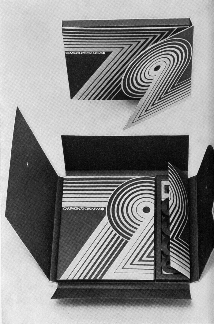 Folding cardboard box containing material on the 1972 election campaign, blue, red, and black. Design by Akihiko Seki for CBS/Broadcast Group. Reproduced in Graphis #168, March 1974.