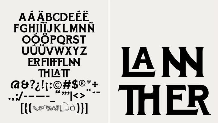 AH Forastero includes accented characters, capital ligatures, punctuation glyphs, and a number of brand-related symbols. See more specimen images on the website of Andrés Higueros.