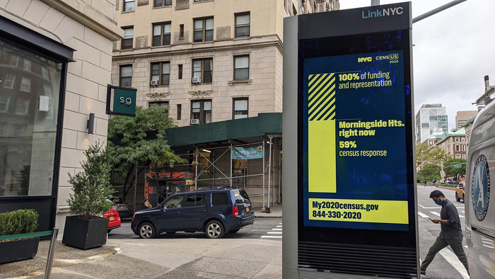 A LinkNYC kiosk illustrates the current response rate of the Morningside Heights neighborhood