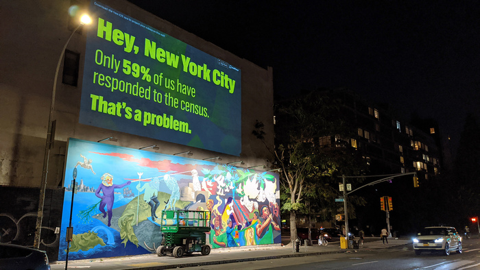 Projection onto a building at Bowery and Houston
