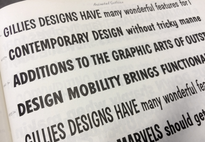 Benguiat Johnnie (&ldquo;Design mobility brings &hellip;&rdquo;), the second of Ed Benguiat&rsquo;s numerous designs, as shown in the Animated Gothics section of Alphabet Thesaurus Vol. 2.