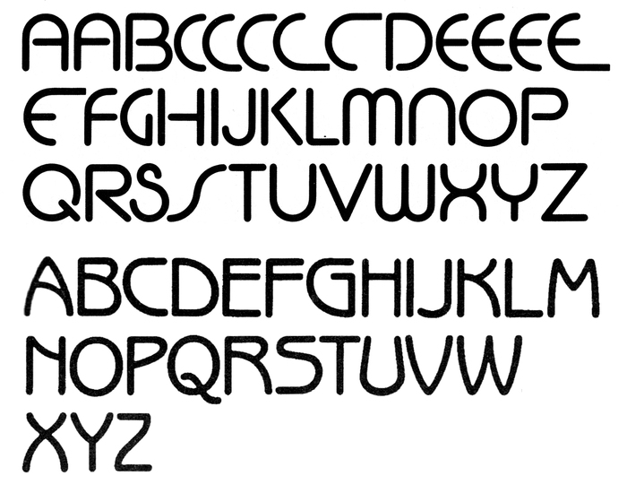 The uppercase glyphs of Cut-In Medium (top) and ITC Benguiat Gothic, as shown in Letraset catalogs.