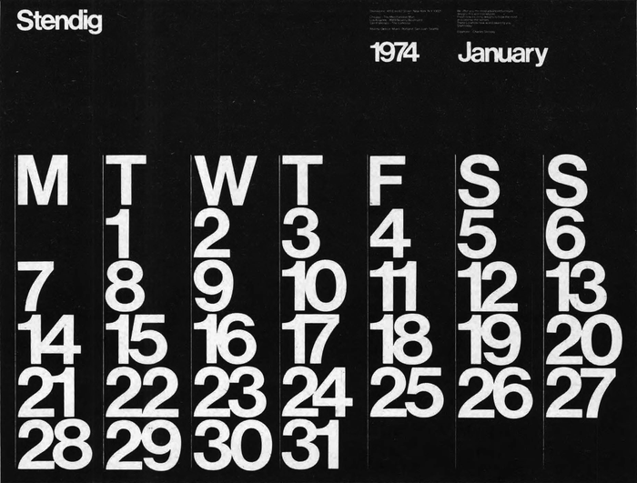 Stendig Calendar for January 1974, as reproduced in U&lc Vol. 2 No. 1 (1975).