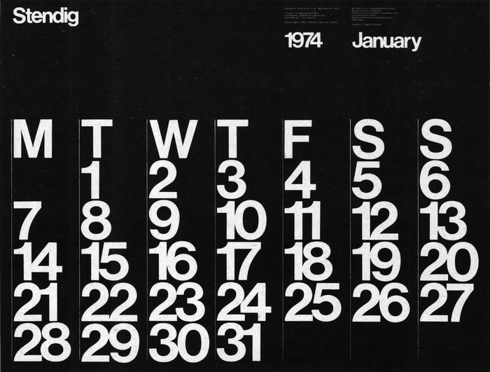 Stendig Calendar for January 1974, as reproduced in U&amp;lc Vol.&nbsp;2 No.&nbsp;1 (1975).