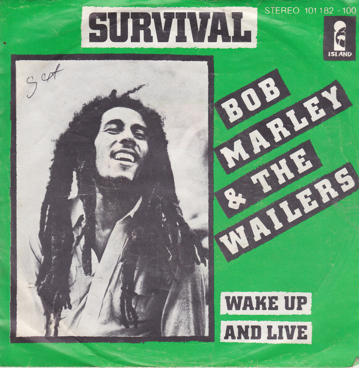 The choice of all-caps City fett was also picked up for a number of related releases. This is the German/Dutch single cover for “Survival” / “Wake Up and Live”, 1979. Designer unknown. [More info on Discogs]