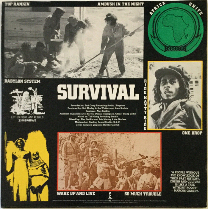 Album cover (back). For the credits and the Marcus Garvey quote, Garrick used another slab serif. First cast in 1929,  is just one year older than City (1930).