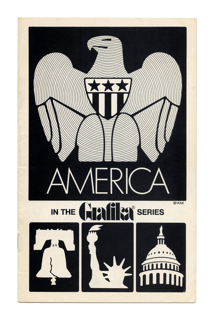 “America” (No. G20, 1972) ft. tightly spaced caps from  Light, with a custom CA ligature. The small text here is set in all-caps .
