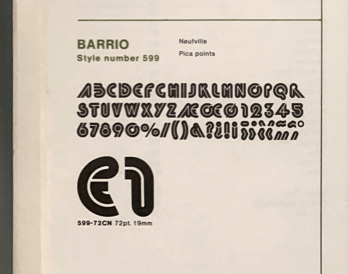 Glyph set of Barrio without lowercase as shown in a 1974 Zipatone catalog.