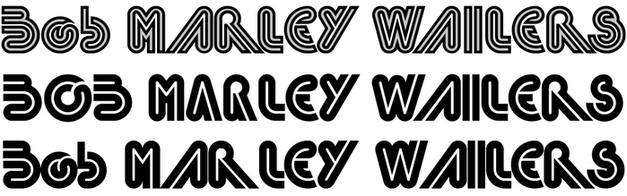 Comparison of the three digital interpretations of Barrio.
Top: Barril and Barril Doble in a layered bichromatic setting. Unfortunately the two styles don&rsquo;t line up perfectly.
Middle: Quinceanera NF is caps only. The font includes ligatures for CA, CC, EA, FI, FL, KA, LA, NT, ST, TZ, RA, RS, RY, SS, ZA (not shown) and two alternates for A and R (shown in &ldquo;MARLEY&rdquo;). These help to avoid the huge gaps caused by the extreme diagonals.
Bottom: BarrioCP. The font contains some kerning, but not for the RL pair.