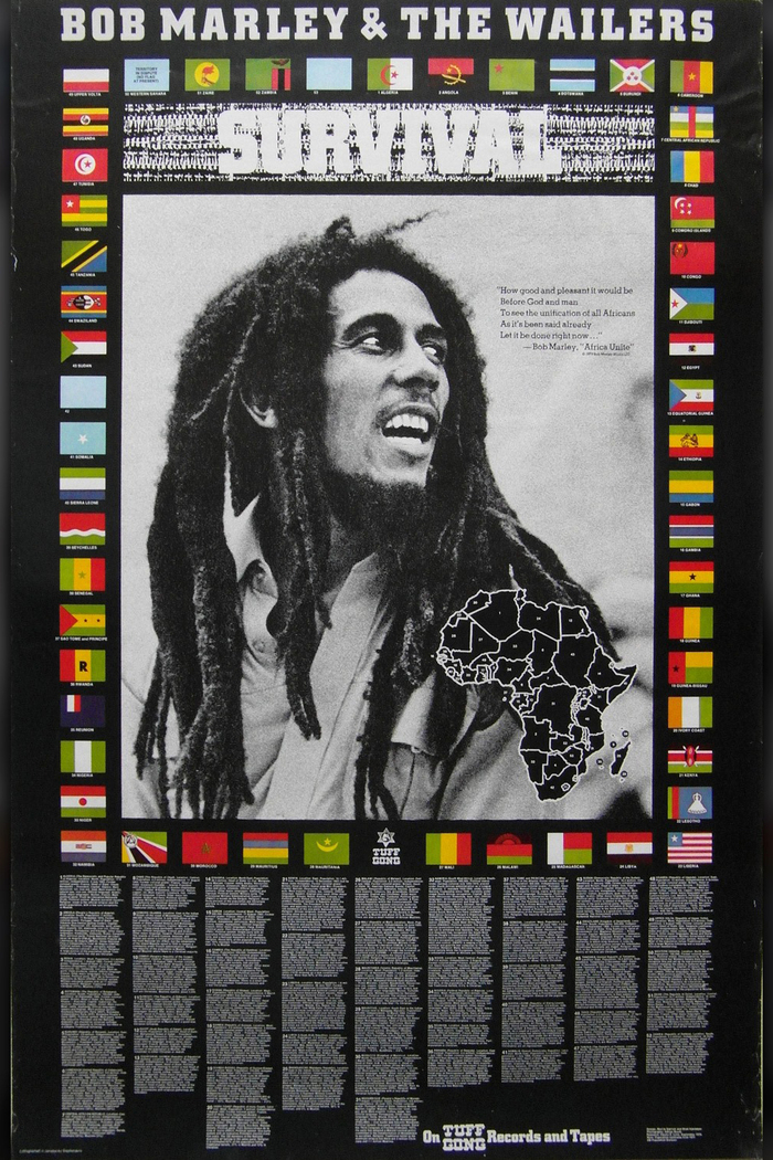 The promotional poster provides state names to the flags and basic information about each country. A map with 53 numbers helps to locate the countries on the African continent. The spots for South Africa (#42) and Zimbabwe (#53) are intentionally left blank. Western Sahara (#50) is listed with the note “Territory in dispute (no flag at present)”. At the bottom center, the Tuff Gong logo (in ) is shown between the flags of Mali and Mauritania.