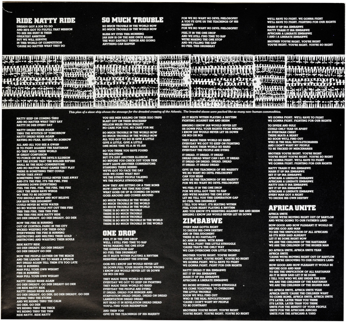 The inner sleeve shows the lyrics in all-caps Memphis, white on black. The image of Africans on a slave ship (see comments) is repeated on both sides, with a caption (in  Italic) that reads: “This plan of a slave ship shows the stowage for the dreaded crossing of the Atlantic. The branded slaves were packed like so many non-human commodities.”