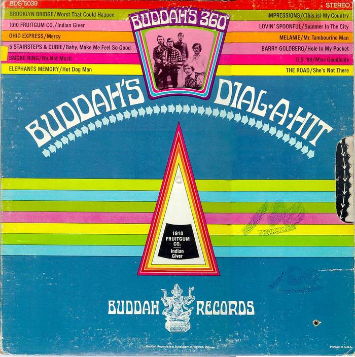  set on a curve on the cover of Buddah’s 360 Degree Dial-A-Hit, a label compilation from 1969. The design is by Silver & Morris, Inc., with art direction from . [More info on Discogs]