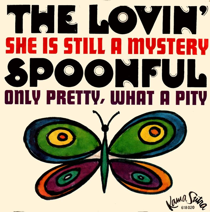 In 1967, the typeface choice from the debut album was revived for a German single release featuring two songs from Everything Playing, “She Is Still a Mystery” and “Only Pretty, What a Pity”.  is paired with caps from . [More info on Discogs]