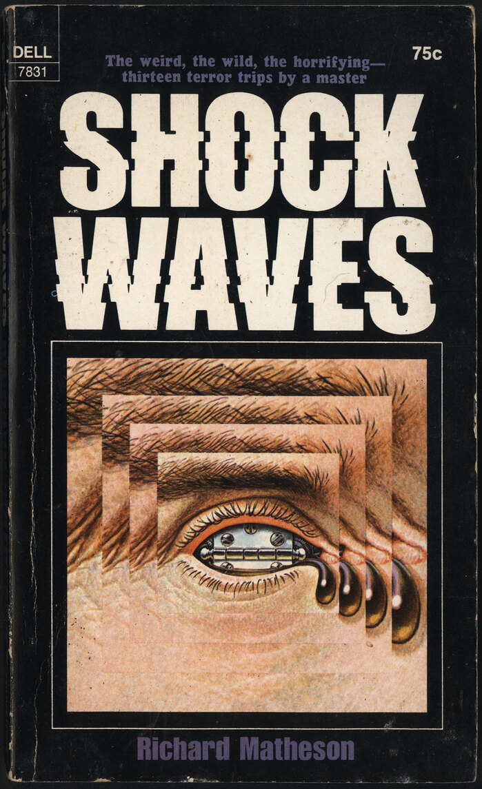 Shock Waves. The weird, the wild, the horrifying-thirteen terror trips by a master, Dell 7831, October 1970.

[More info on ISFDB] For this last volume, the uncredited cover designer cut up  and shifted some of the slices to the left or right. A few years later, in 1973, Vic Carless created the  typeface by applying a similar concept to the letterforms of . With the diagonal cuts and the slight offset including repeating bits, his execution is more dynamic and convincing. The blurb at the top uses , a follower of  [correction: it’s , see comments].