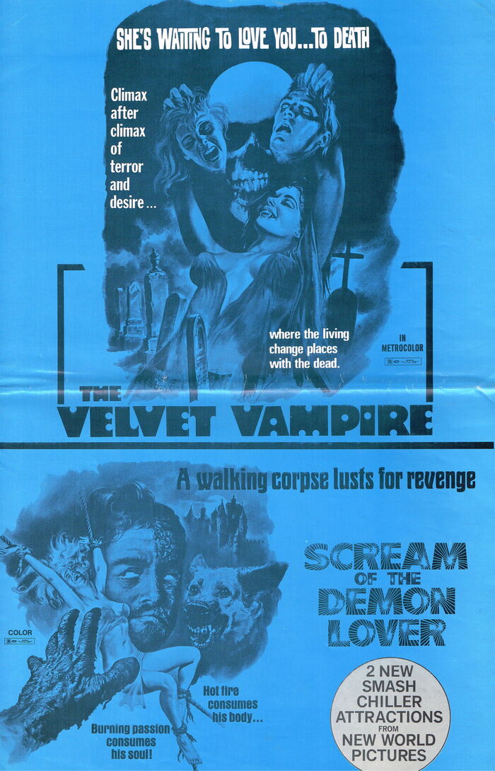 Pages from the press book for The Velvet Vampire and Scream of the Demon Lover. “2 new smash chiller attractions from New World Pictures” is set in all-caps .