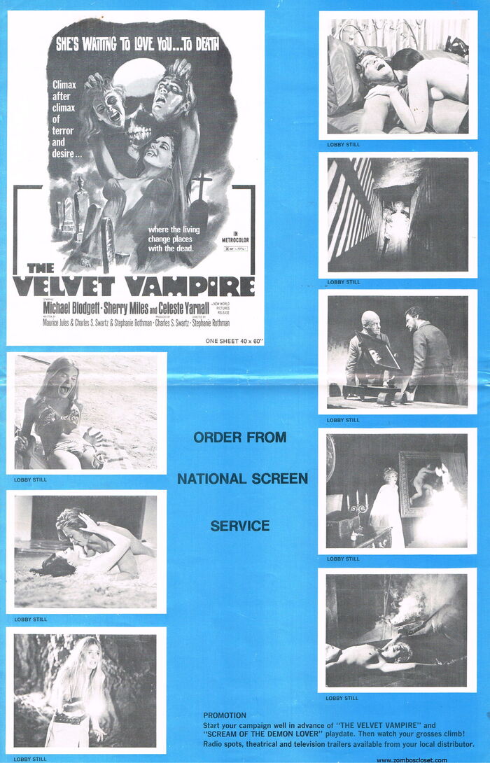 Pages from the press book for The Velvet Vampire and Scream of the Demon Lover, with lobby stills. “Order from National Screen Service” uses .