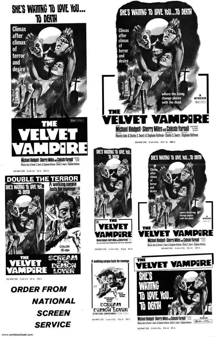 Pages from the press book with ads for The Velvet Vampire and Scream of the Demon Lover. &ldquo;Order from National Screen Service&rdquo; uses  Italic.