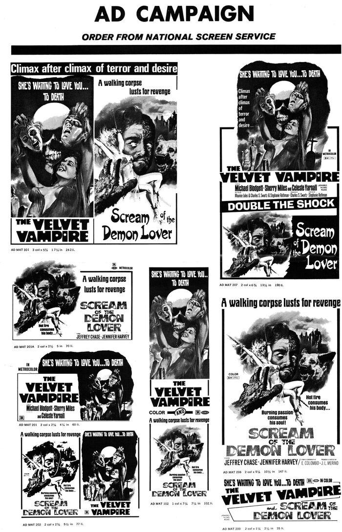 Pages from the press book with ads for The Velvet Vampire and Scream of the Demon Lover. The title of the latter is here also set in . “Double the shock” uses .