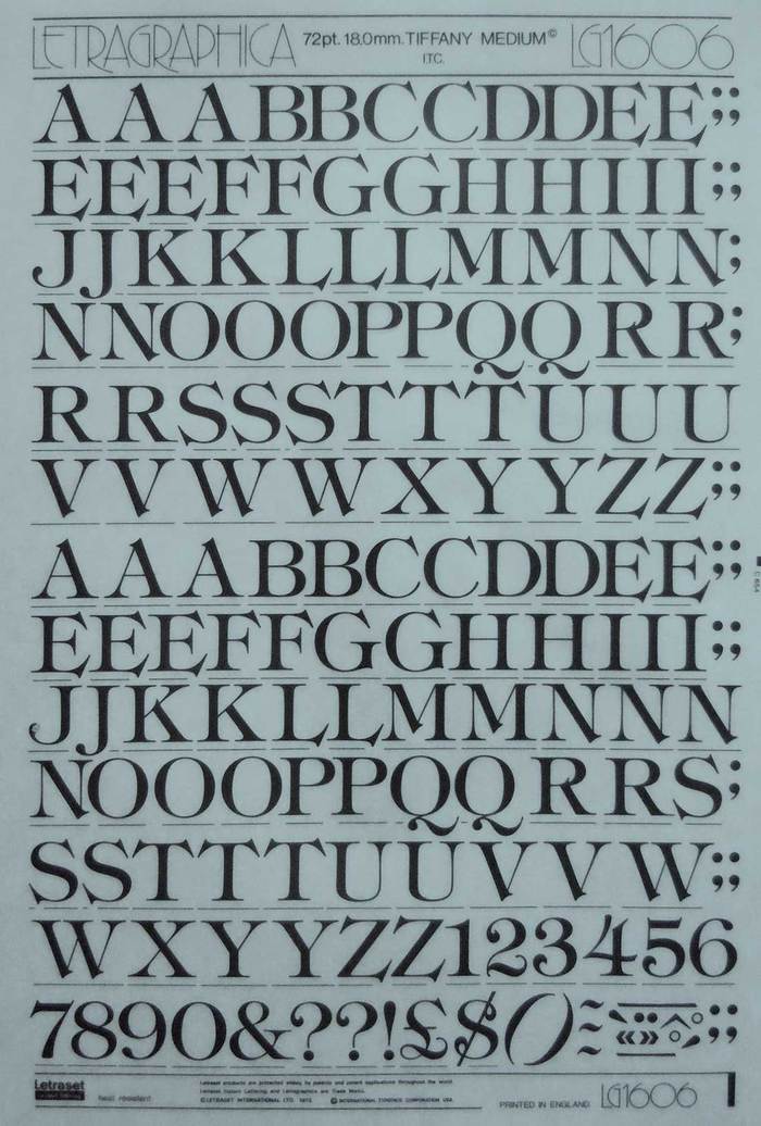 A sheet of Letraset dry transfer letters for ITC Tiffany, probably not very different from what Vega used to compose the original Ramones seal.