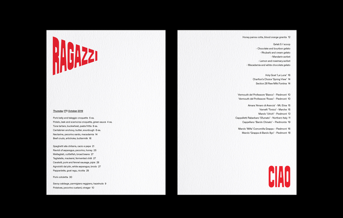 Menu with “ciao” in Signal Compressed and Favorit used for the items. The heading with the date uses Favorit Lining, a variant with a built-in underline.