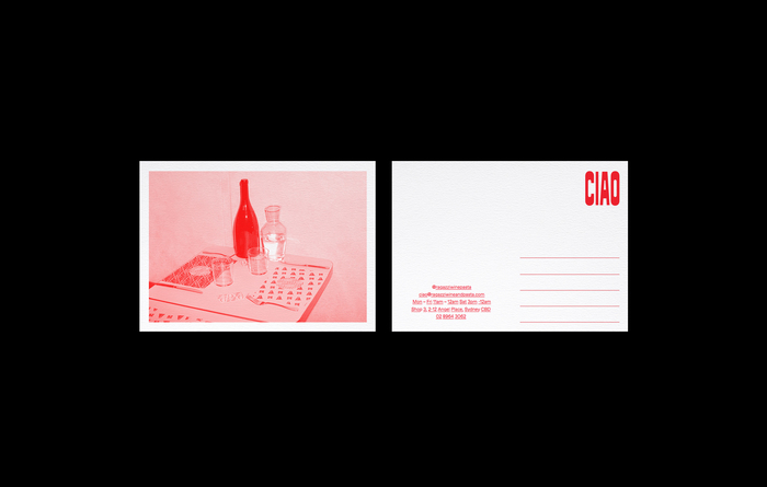 Monochrome postcard with “CIAO” in Signal Compressed as placeholder for the stamp and Favorit Lining for the contact details
