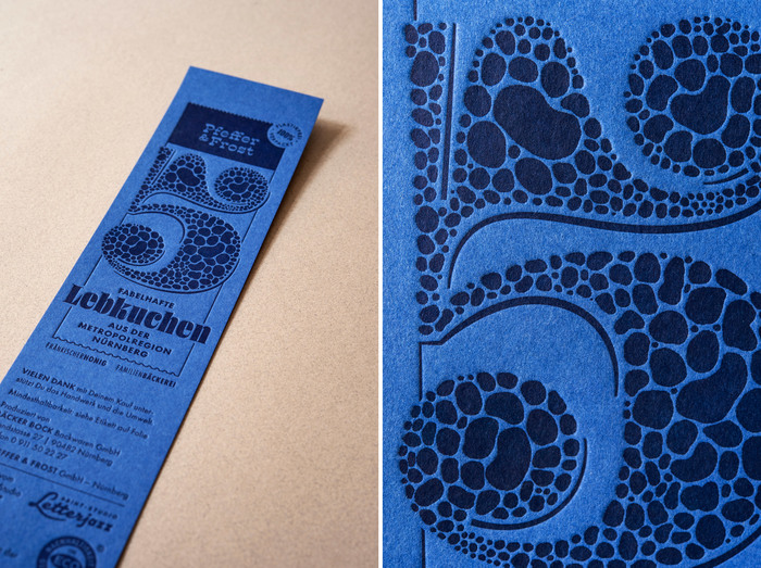 Details of the embossed lettering and type on the banderole for the lebkuchen packaging.