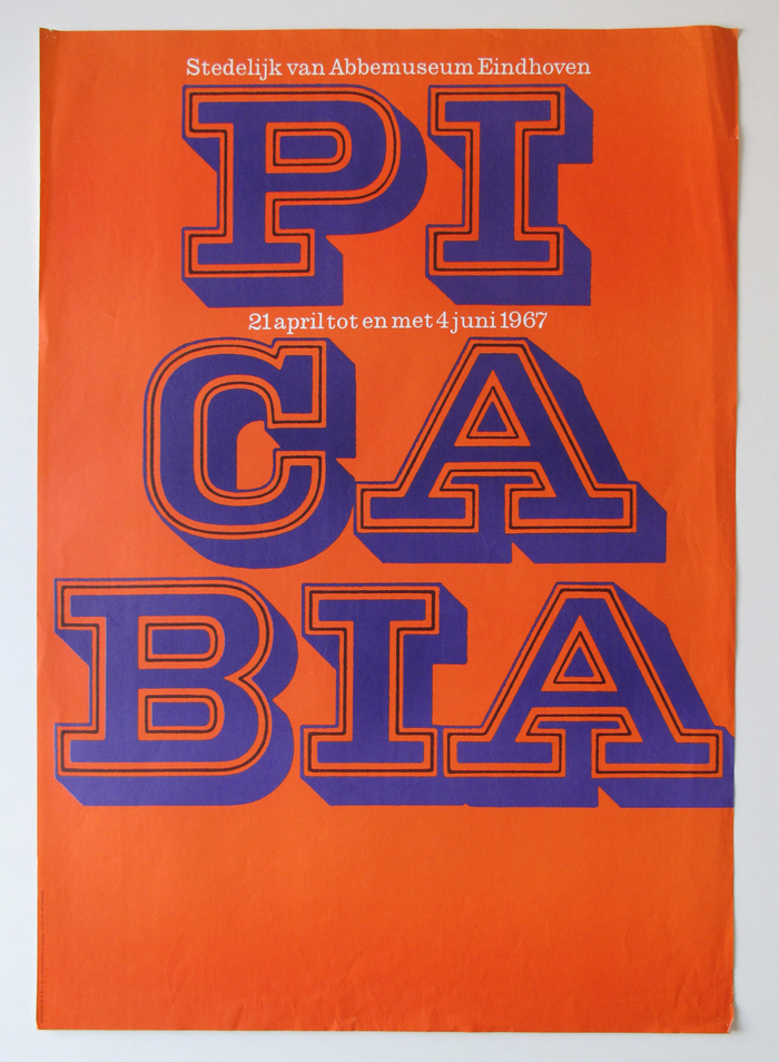 Poster with Picabia&rsquo;s name broken into syllables. The slab-serif letterforms are printed in two colors, with the inner contour in black. Smaller text is shown in reversed . The poster was produced by  in Hilversum.