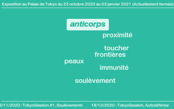 Homepage, French version. The intro text fades out, leaving the six keywords/topics as entry points to the exhibition.